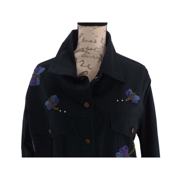 Vtg. Quacker Factory Embellished/pearl beaded Dragonflies button Jacket Large - Picture 11 of 16
